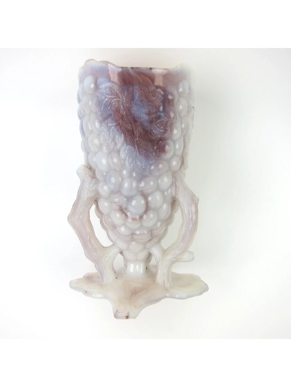 Antique Northwood Mosaic Purple Slag Glass Grape Vine Chalice Vase Early 1900s